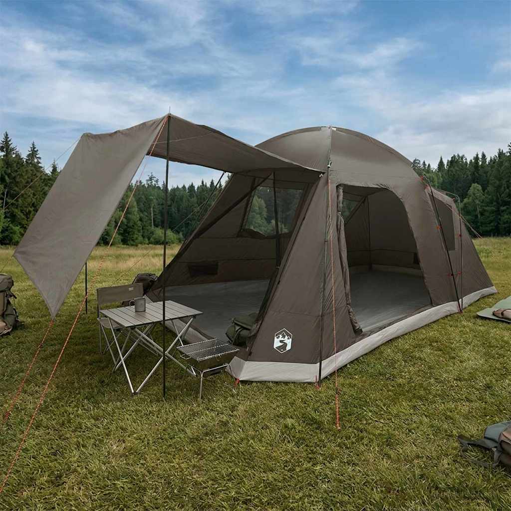 vidaXL Cabin Tent with Roof Brown grey 8-Person Polyester and Steel