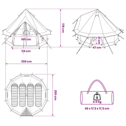 vidaXL Tipi Tent 4-Person Brown Grey Polyester and Steel - 250 x 250 cm