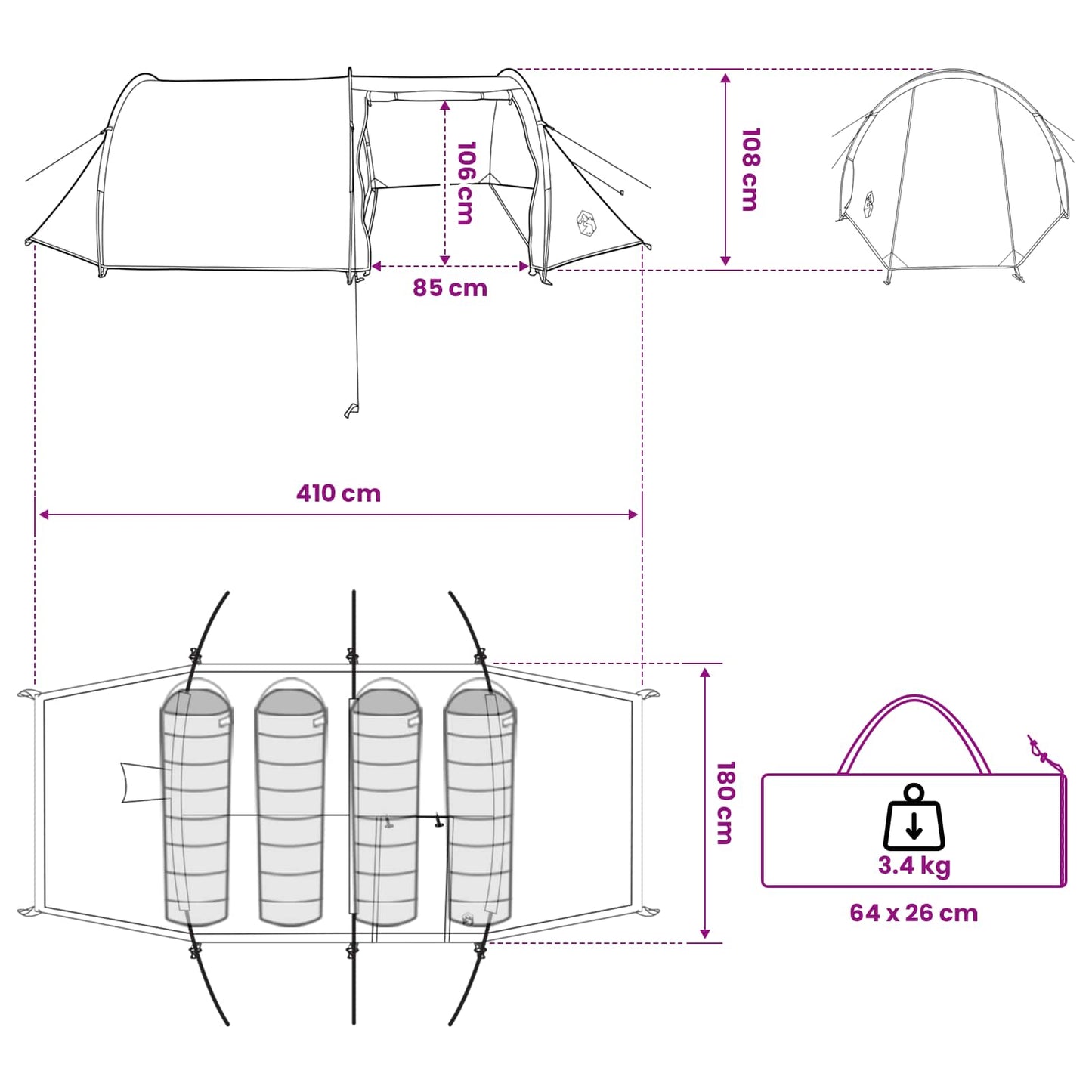 vidaXL Tunnel Tent 410 x 175 x 105 cm Olive Green Polyester and Steel