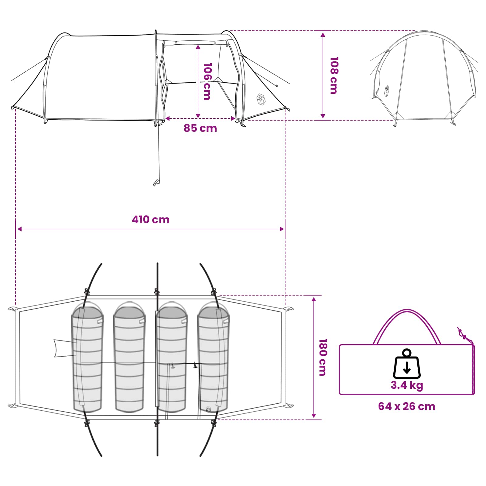 vidaXL Tunnel Tent 410 x 175 x 105 cm Olive Green Polyester and Steel