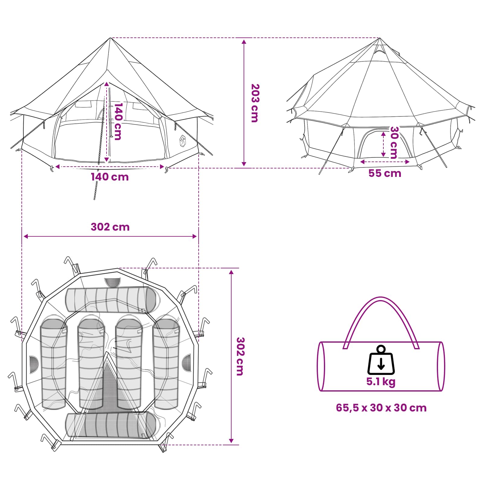 vidaXL Tipi Tent 6-Person Brown Grey Polyester and Steel - 300 x 300 x 200 cm