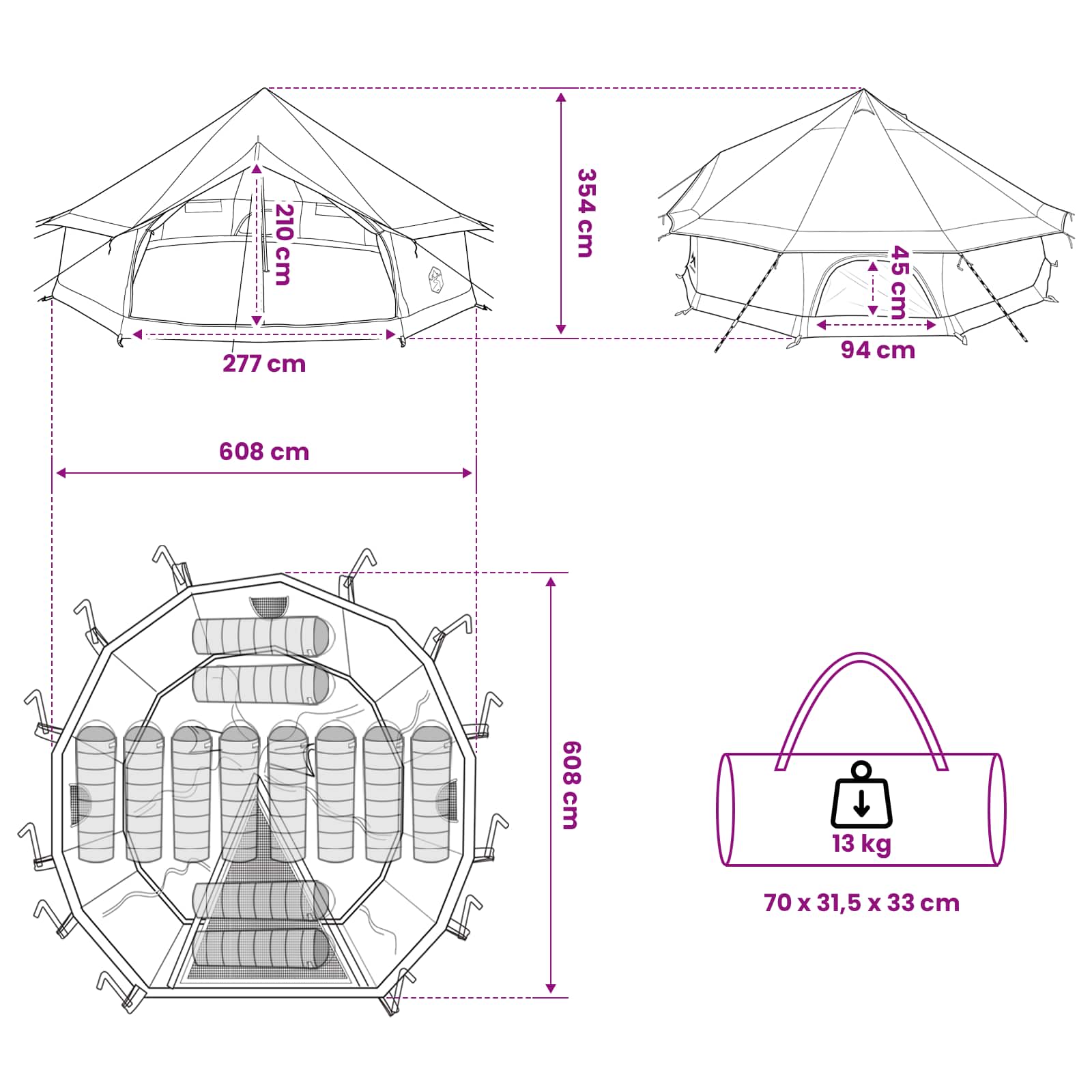 vidaXL Tipi Tent 12-Person Brown Grey Polyester and Steel - 600 x 600 x 350 cm