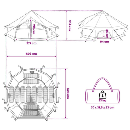 vidaXL Tipi Tent 12-Person Brown Grey Polyester and Steel - 600 x 600 x 350 cm
