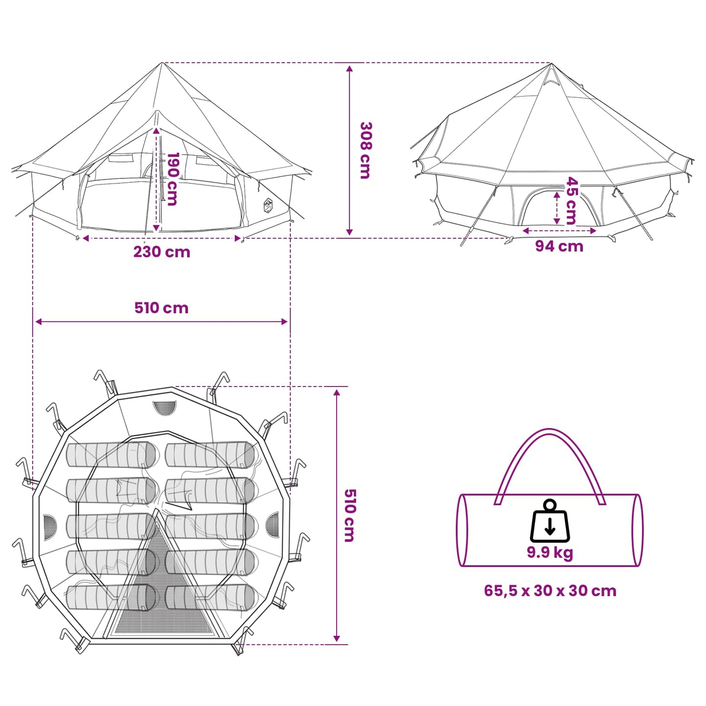 vidaXL Tipi Tent 10-Person Olive Green Polyester and Steel - 500 x 500 x 300 cm