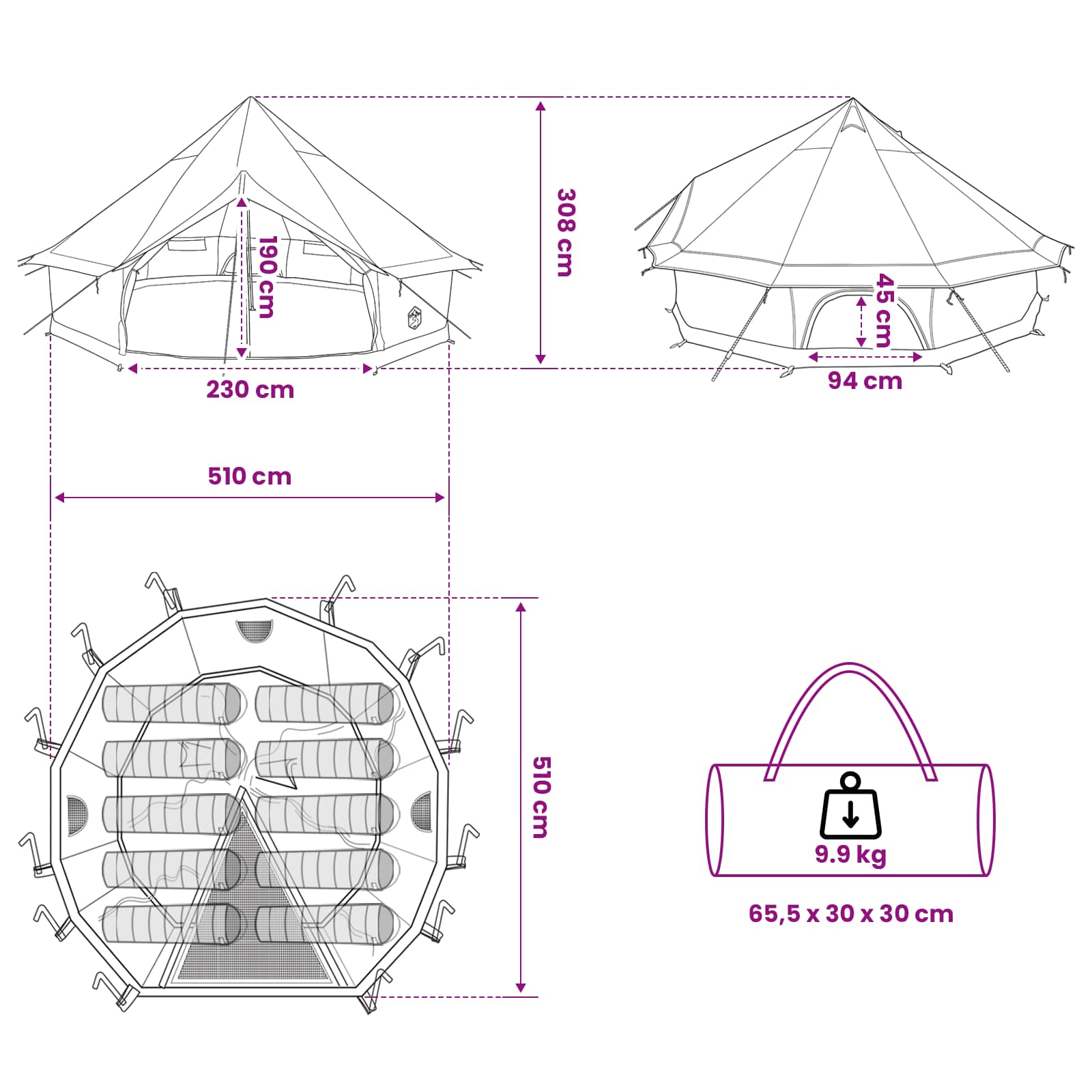 vidaXL Tipi Tent 10-Person Brown Grey Polyester and Steel - 500 x 500 x 300 cm