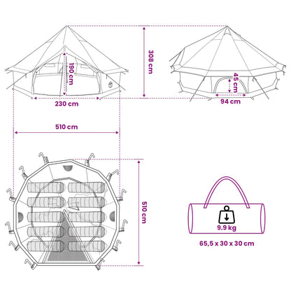 vidaXL Tipi Tent 10-Person Brown Grey Polyester and Steel - 500 x 500 x 300 cm