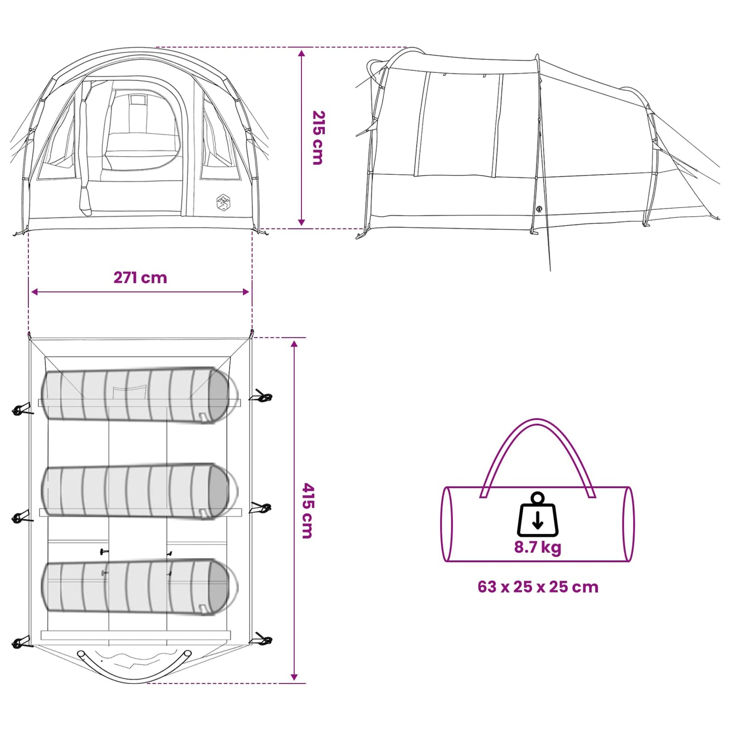 vidaXL Tunnel Tent Olive Green 400 x 260 x 200 cm Polyester and Steel