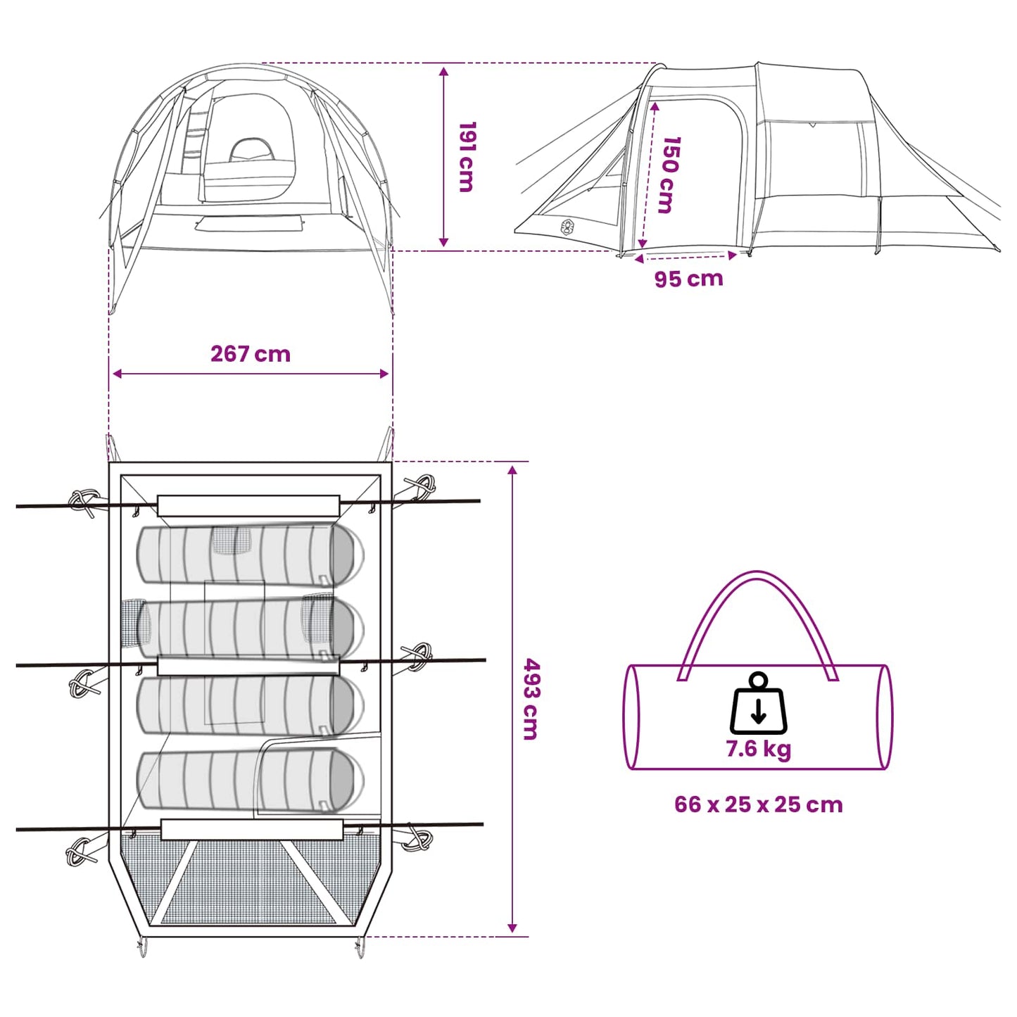 vidaXL Cabin Tent 4-Person Olive Green Polyester and Steel - 488 x 244 x 183 cm