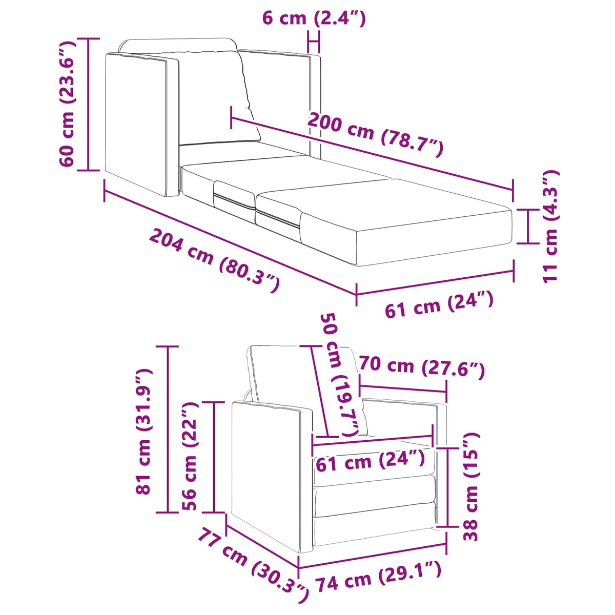 vidaXL Folding Sofa Bed White 74 x 77 x 81 cm Faux Leather
