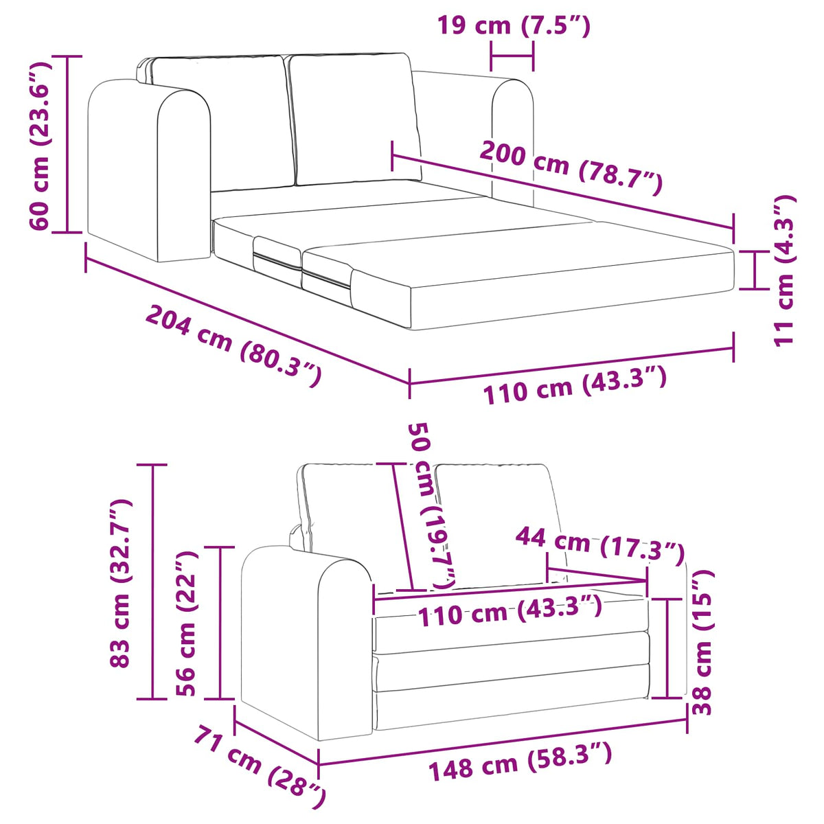 vidaXL Folding Sofa Bed Dark Grey 148 x 71 x 83 cm Fabric