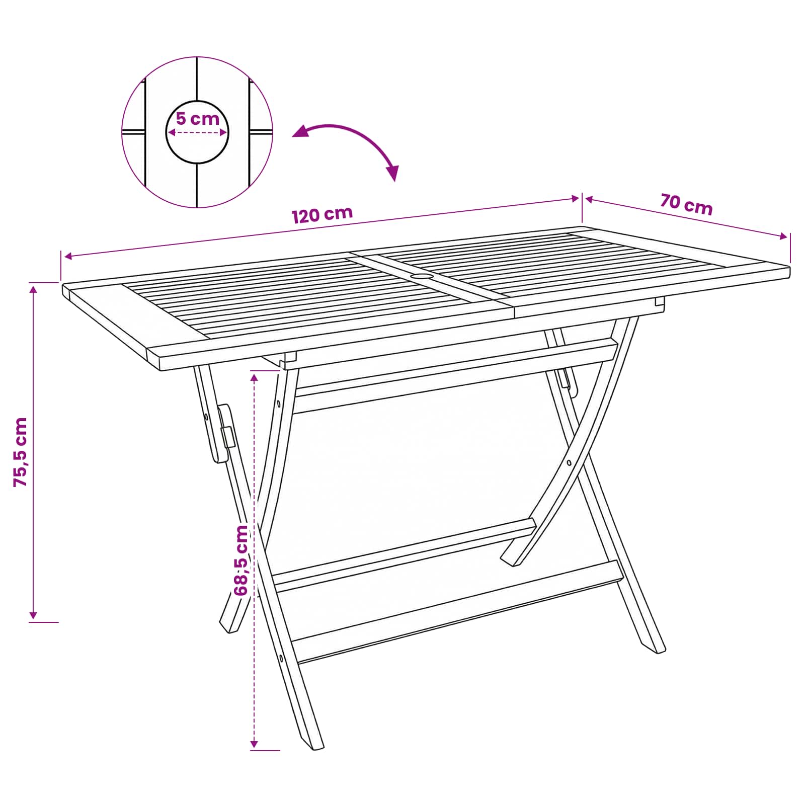 vidaXL Folding Garden Table Natural 120 x 70 x 75.5 cm Solid Teak Wood - Brown