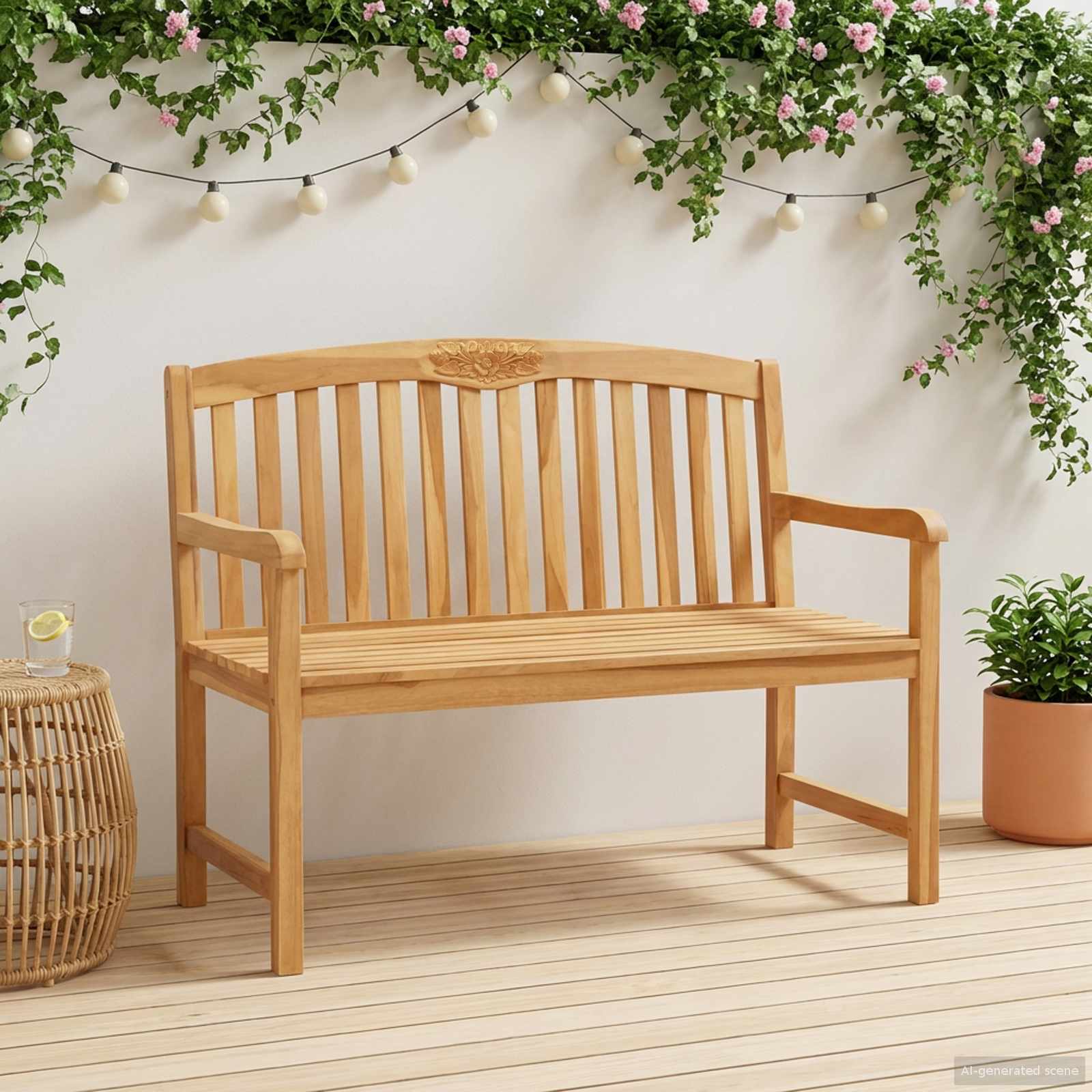 vidaXL Handcarved Rose Bench 114 x 60.5 x 95 cm Solid Teak Wood - Brown