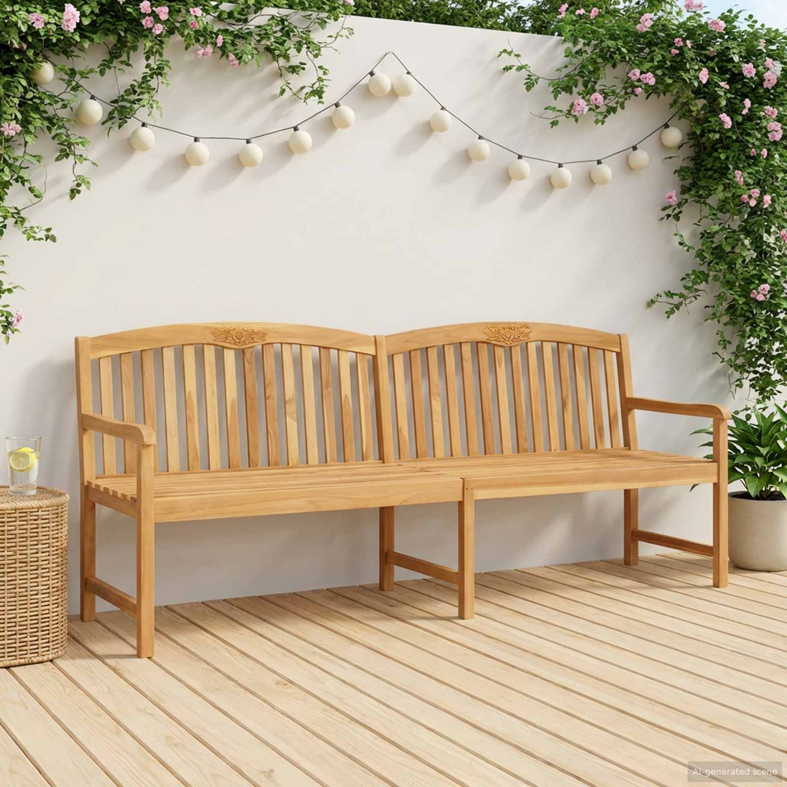 vidaXL Handcarved Rose Bench 228 x 60 x 90 cm Solid Teak Wood Natural - Brown