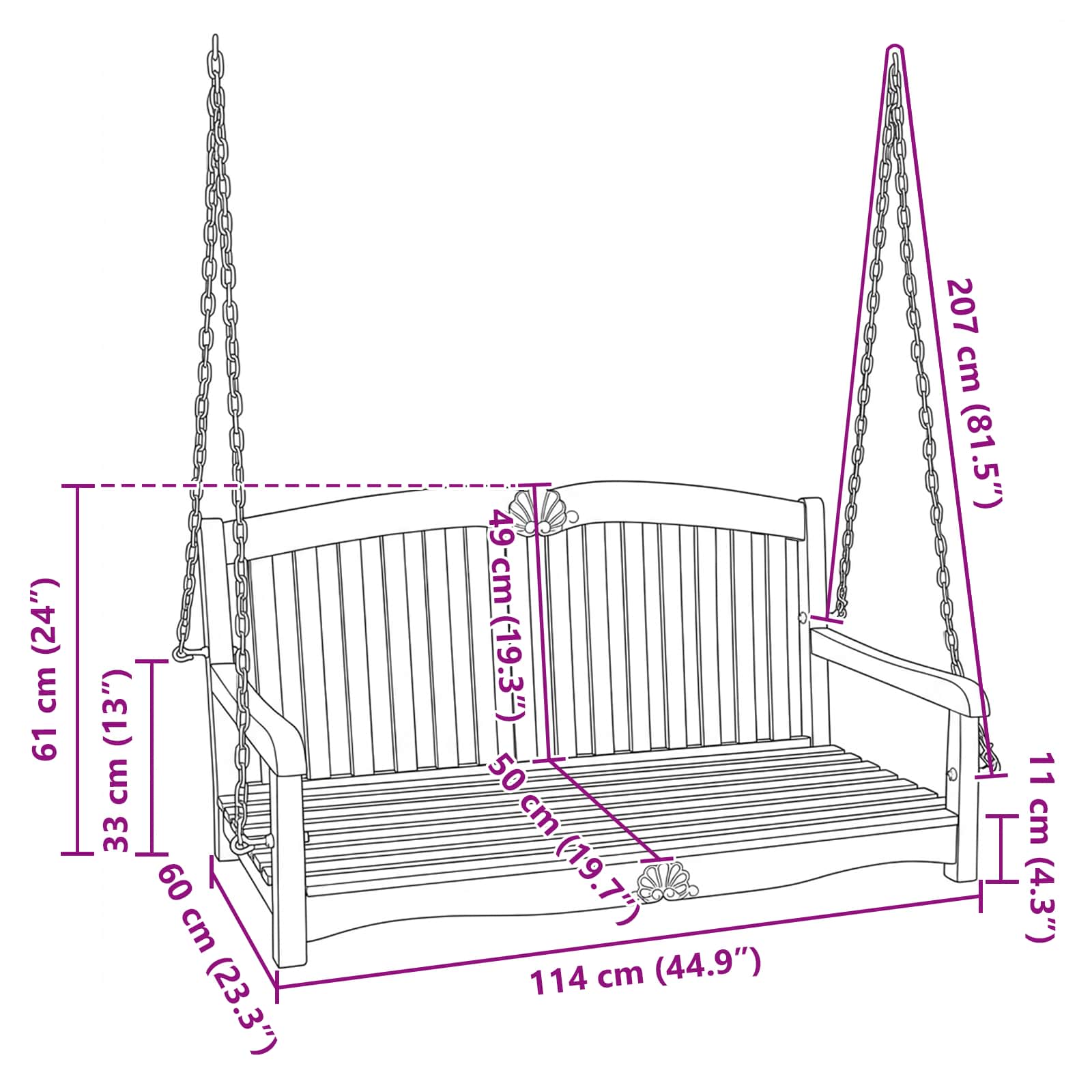 vidaXL Swing Bench 114 x 60 x 60.5 cm Solid Teak Wood Natural - Brown