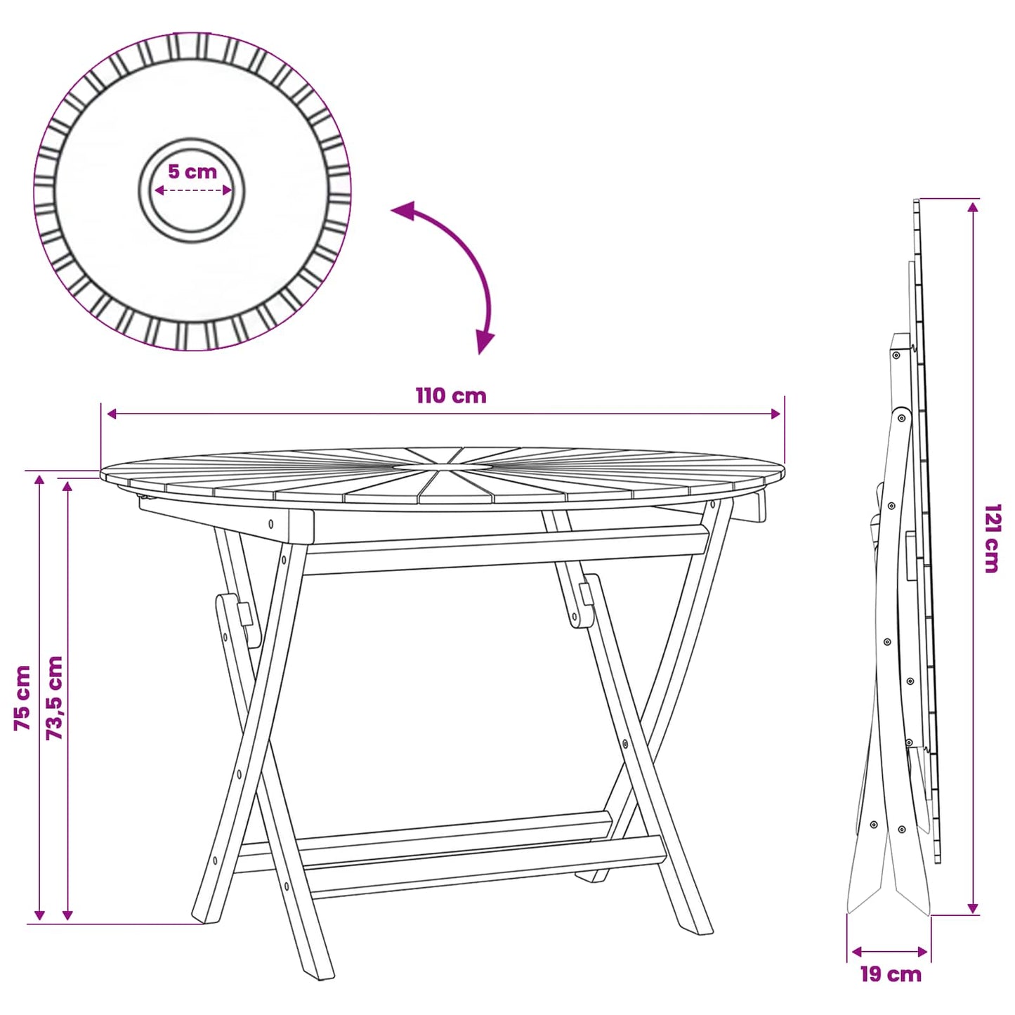 vidaXL Folding Garden Table Natural Ø 110 x 75 cm Solid Teak Wood - Brown
