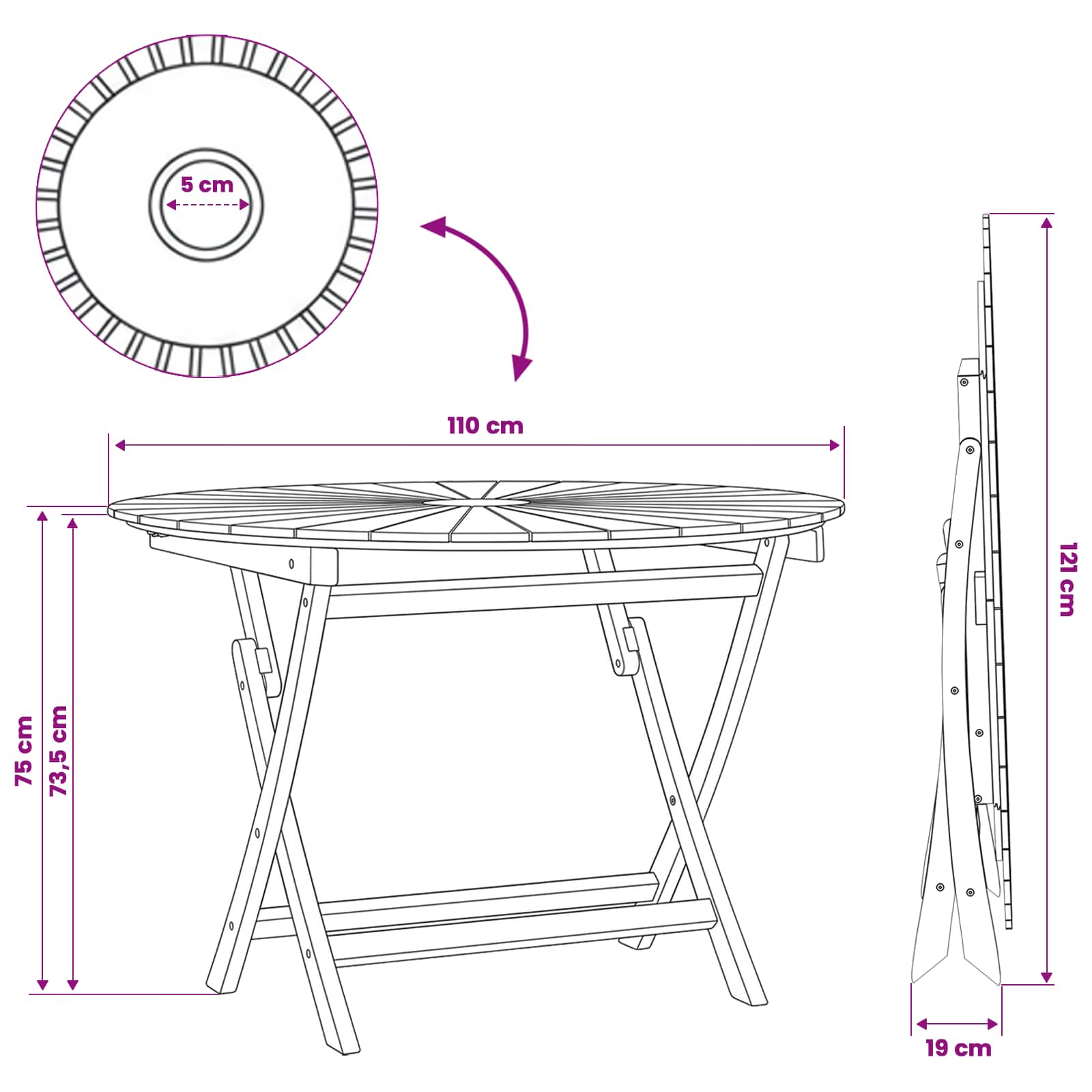 vidaXL Folding Garden Table Natural Ø 110 x 75 cm Solid Teak Wood - Brown