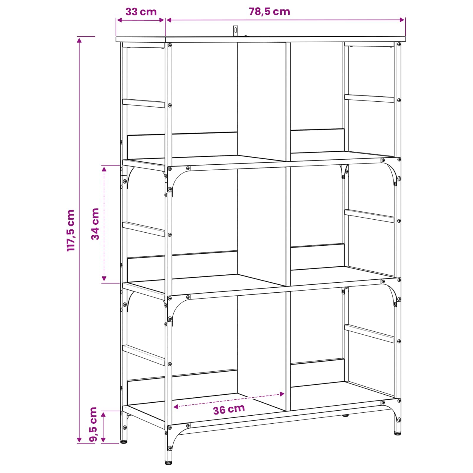 vidaXL Bookshelf 4-Tier 78.5 x 33 x 117.5 cm metal PB Artisan oak - Brown