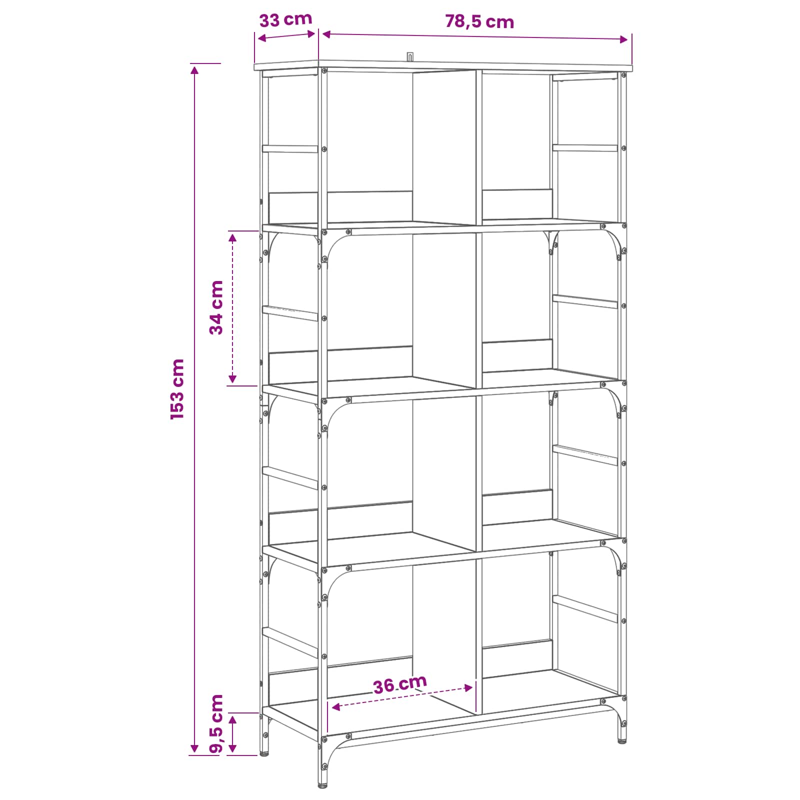 vidaXL Bookshelf 4-Tier 78.5 x 33 x 153 cm metal PB Artisan oak - Brown