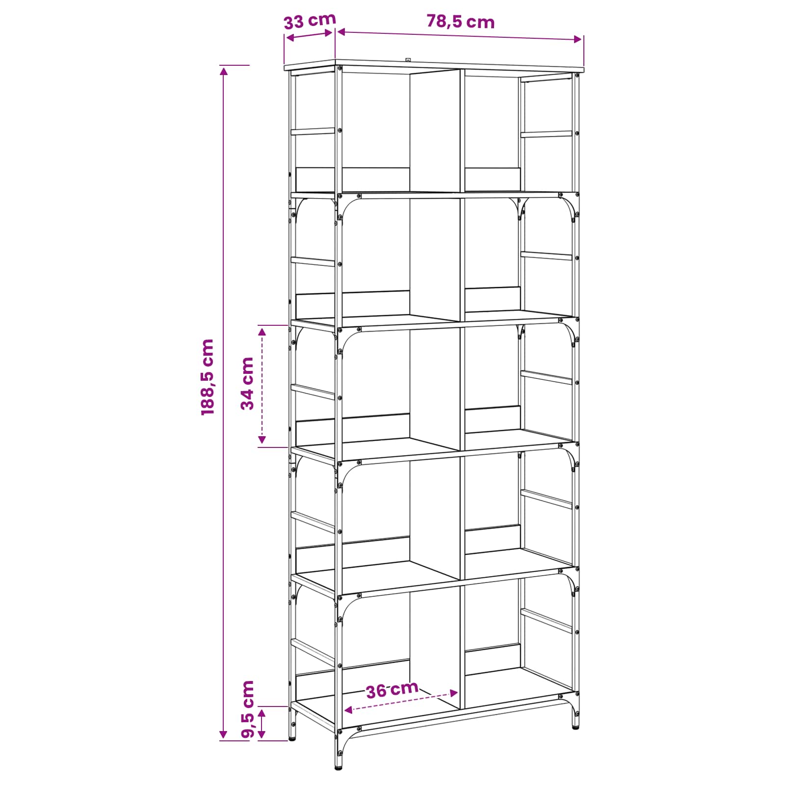 vidaXL Bookshelf 4-Tier 78.5 x 33 x 188.5 cm metal PB Black oak