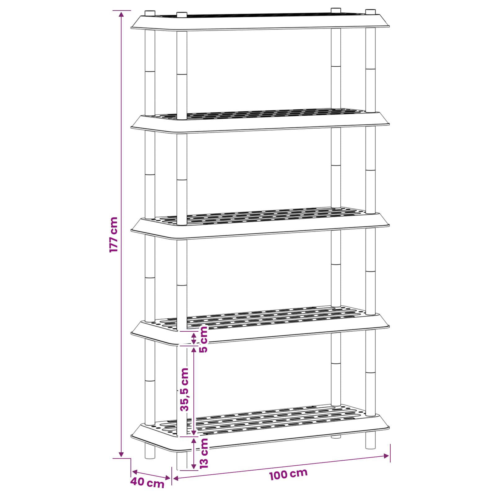 vidaXL Shelving Unit 5-Tier 100 x 40 x 177 cm PP Light Grey