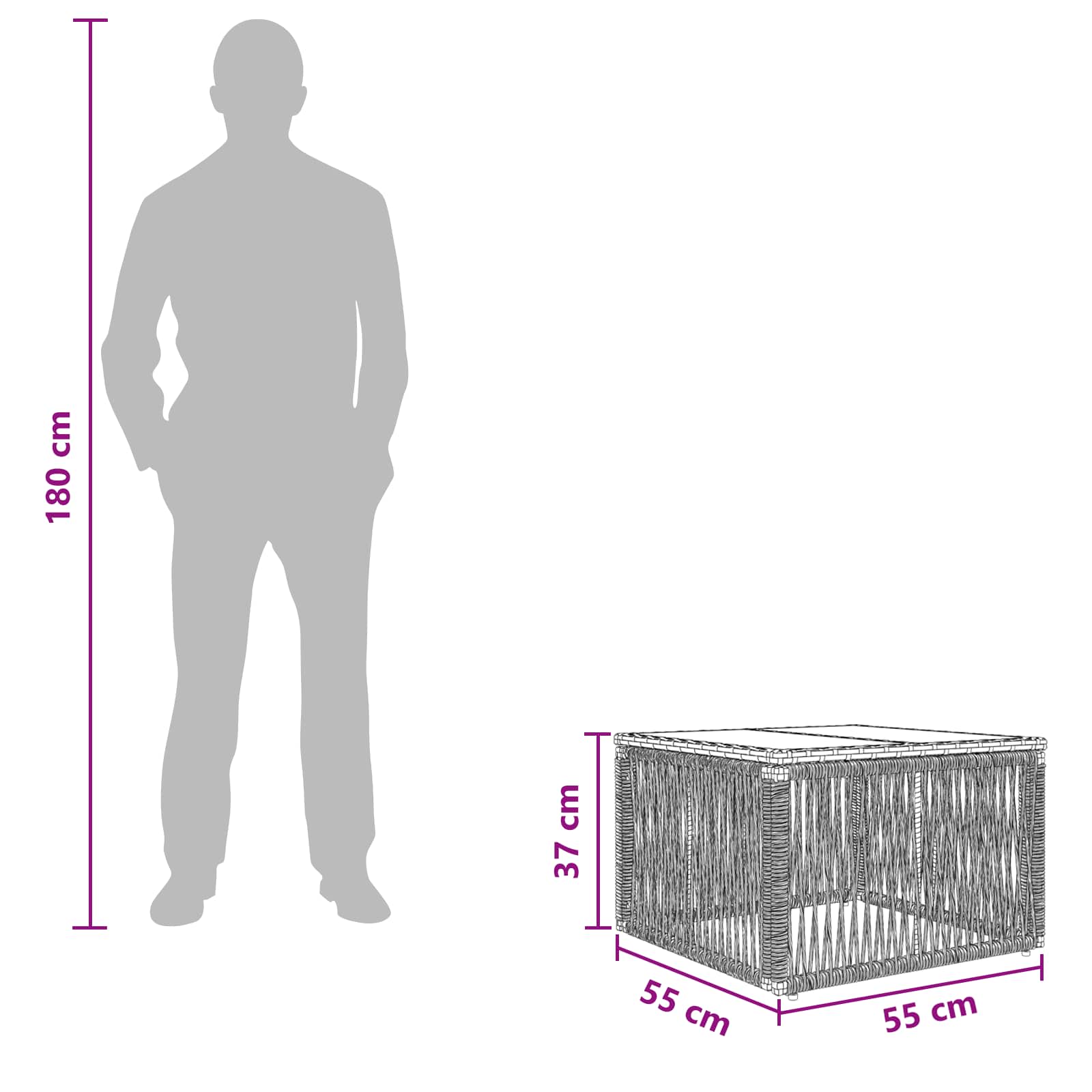 vidaXL Garden Table Black 55 x 55 x 37 cm PE Rattan and Glass