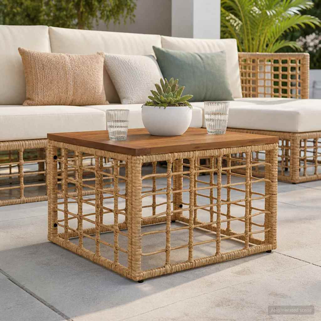 vidaXL Garden Table Natural 55 x 55 x 37 cm PE Rattan and Glass - Brown
