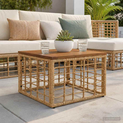 vidaXL Garden Table Natural 55 x 55 x 37 cm PE Rattan and Glass - Brown