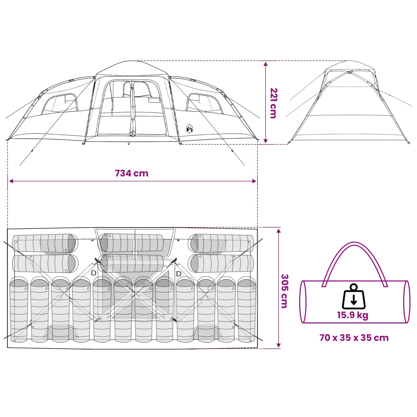 vidaXL Family Tent with Rainfly Water-resistant 18-Person Blue - 41993