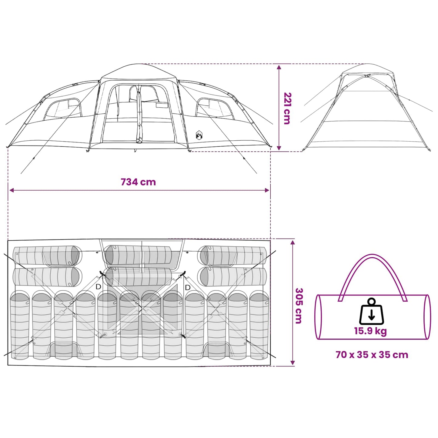 vidaXL Family Tent with Rainfly Water-resistant 18-Person - Grey - 41998