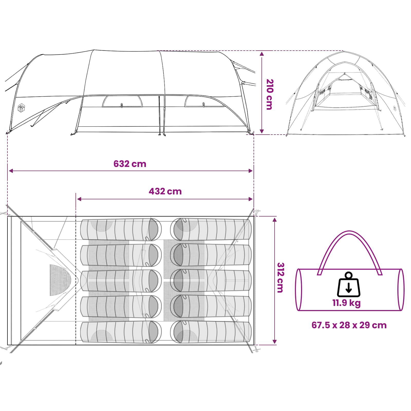 vidaXL Tunnel Tent with Rainfly Water-Resistant 10-Person - Grey