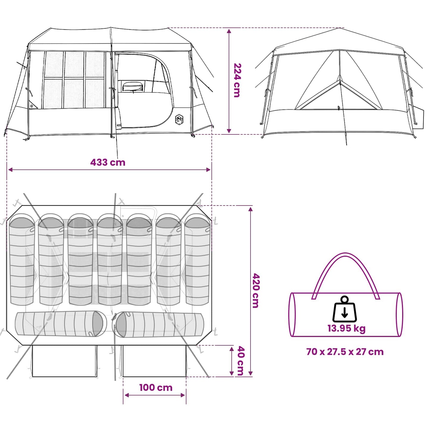 vidaXL Family Tent with Rainfly Water-resistant 9-Person - Grey