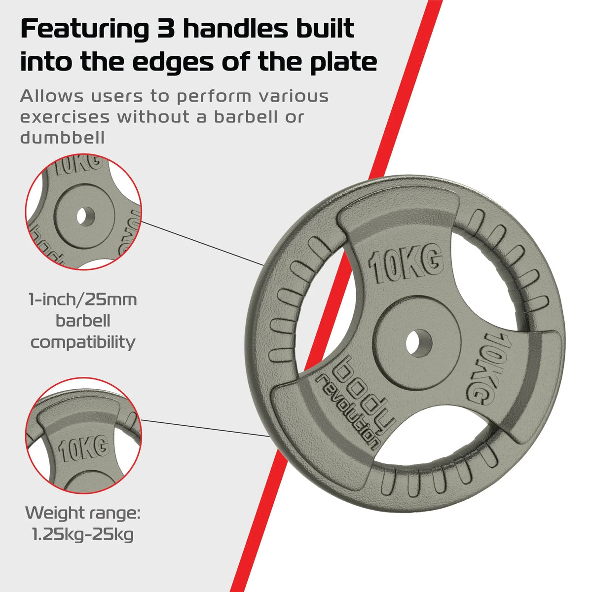 2x 10kg Cast Iron Weight Plates - 1" Standard Tri Grip