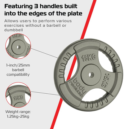 2x 15kg Cast Iron Weight Plates - 1" Standard Tri Grip