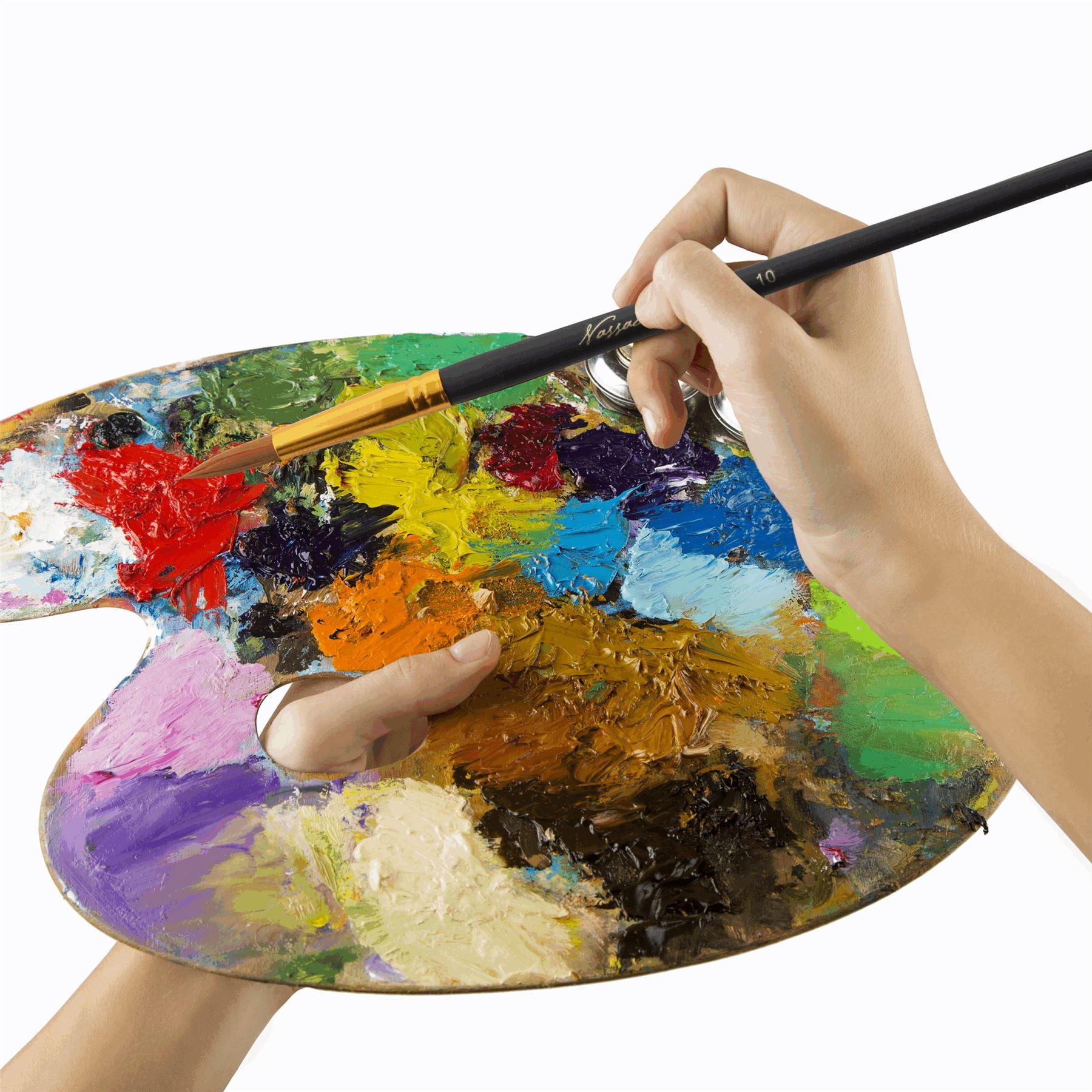 Wooden palette with 4 flat and 4 round brushes