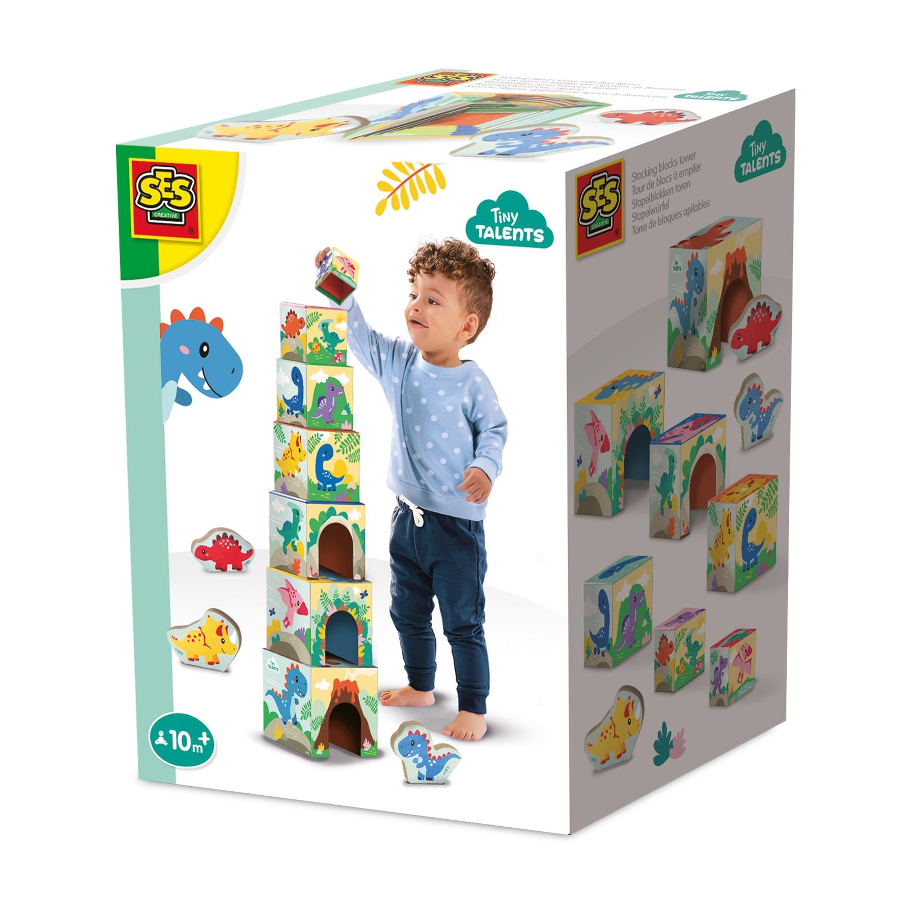 Stacking blocks tower with dino figures