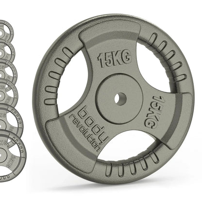 2x 15kg Cast Iron Weight Plates - 1" Standard Tri Grip