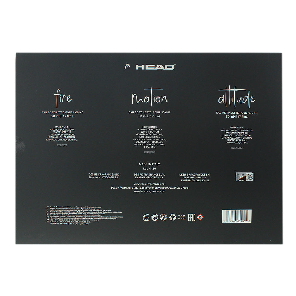 Head Men 3 Piece Gift Set: Attitude EDT 50ml - Fire EDT 50ml - Motion EDT 50ml