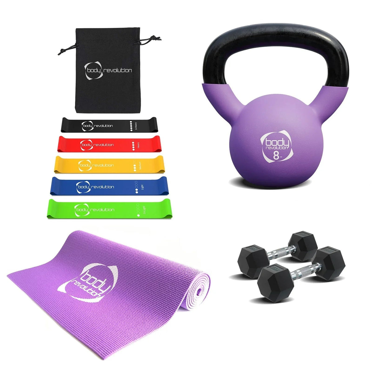 Dumbbells + Kettlebell + Mat + Resistance Bands