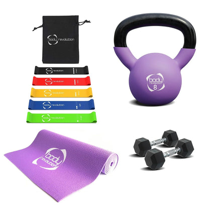 Dumbbells + Kettlebell + Mat + Resistance Bands
