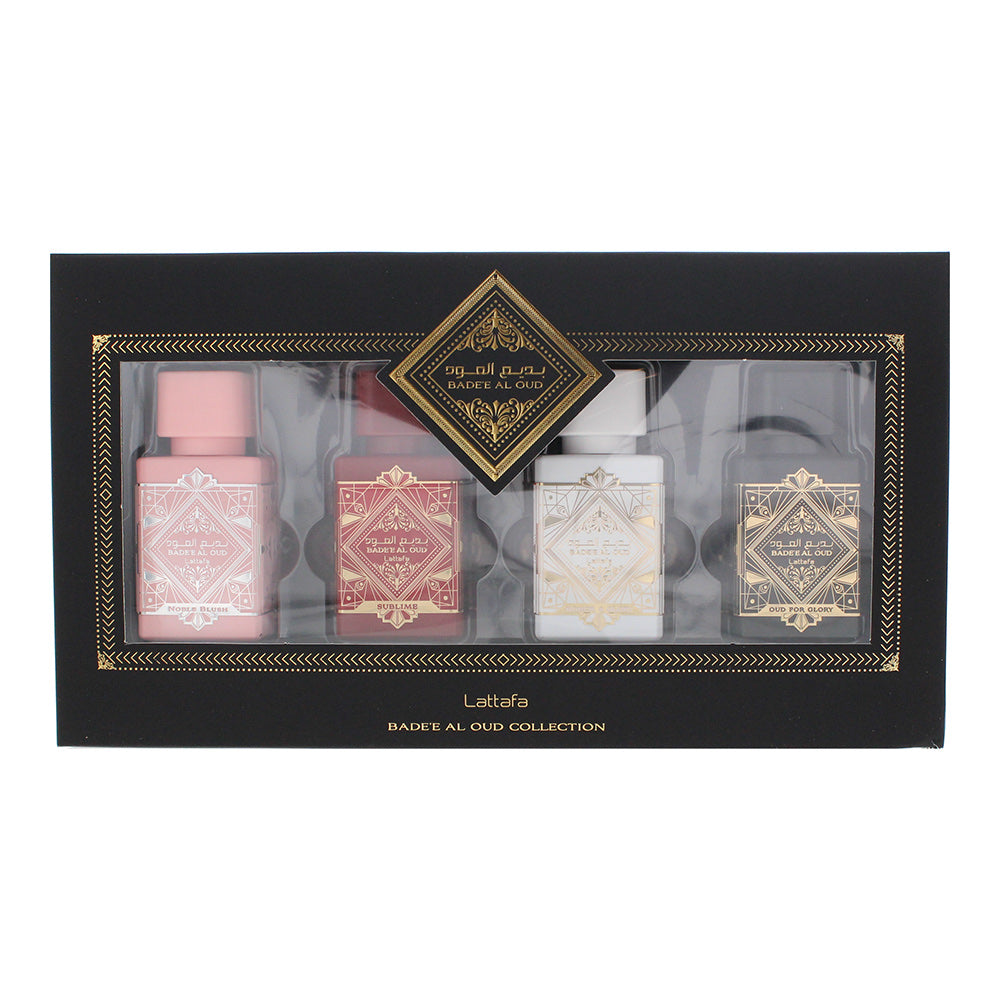 Lattafa Bade'e Al Oud Collection Gift Set: Eau de Parfum 4x25ml (This Set Includes: 1x 25ml Noble Blush EDP 1x 25ml Sublime EDP 1x 25ml Honor & Glory EDP 1x 25ml Oud for Glory EDP)