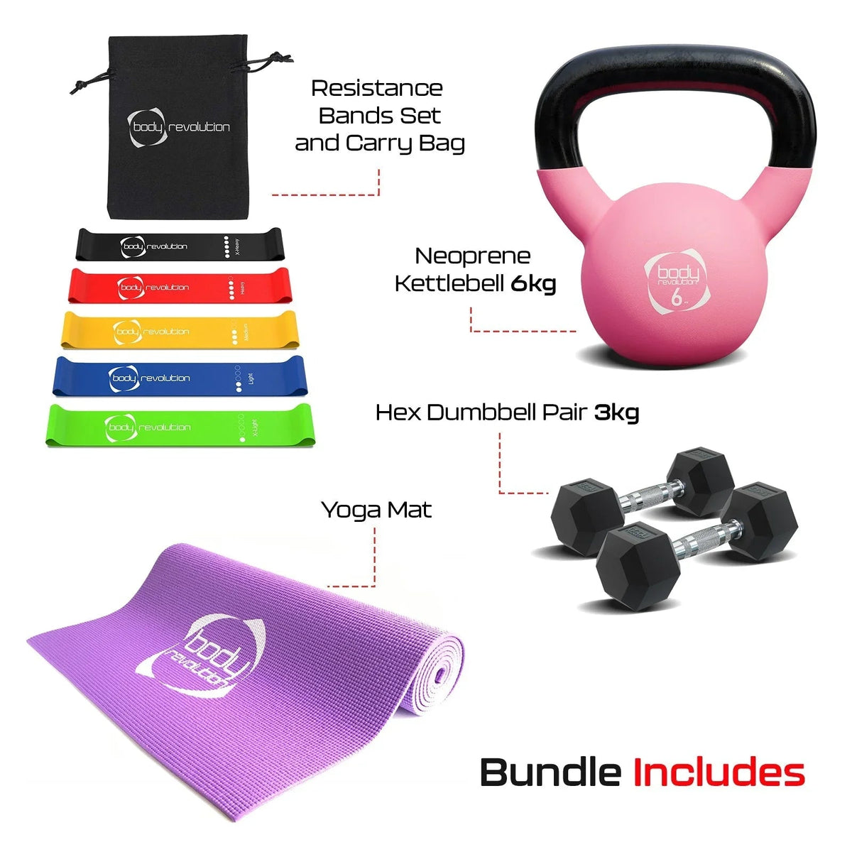 Dumbbells + Kettlebell + Mat + Resistance Bands
